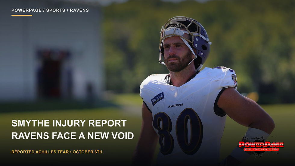 Durham Smythe wears his Ravens football uniform in an official team photograph, with a headline about the reported Achilles injury.