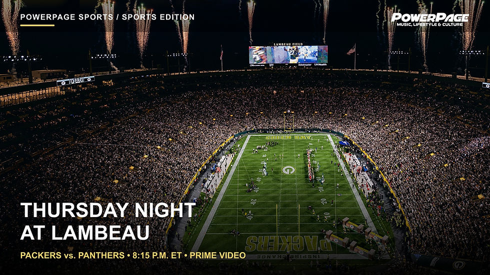 A wide view of Lambeau Field shows the illuminated football field, packed grandstands and fireworks above the stadium.