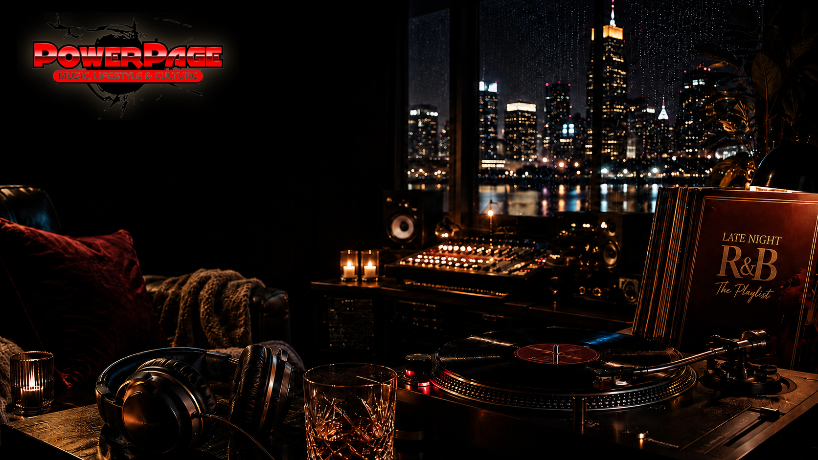 A softly lit late-night R&B listening room with a turntable, Baltimore city lights and the official PowerPage logo.