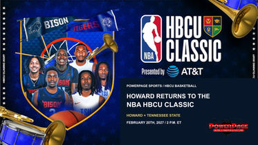 Howard and Tennessee State basketball players, team pennants, a basketball hoop and musical instruments accompany the NBA HBCU Classic matchup.