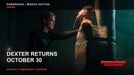 Michael C. Hall at left faces Shavo Odadjian, bound to a padded column with plastic wrap, in a dimly lit scene from Dexter: Resurrection.