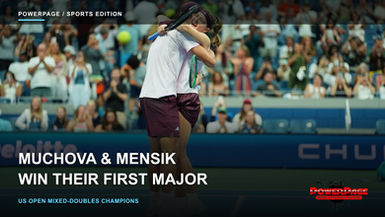Karolina Muchova and Jakub Mensik embrace on a blue tennis court after winning the US Open mixed-doubles final