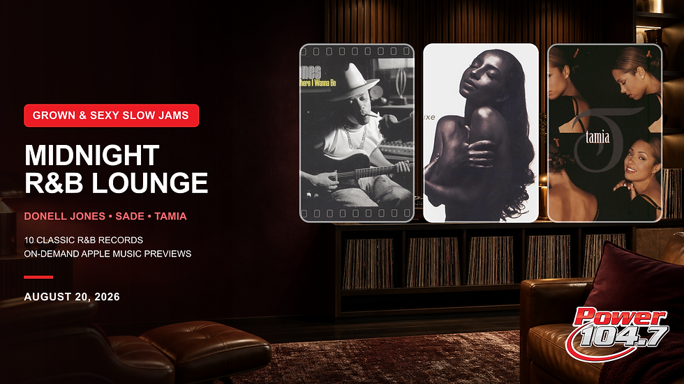 Grown and Sexy Slow Jams August 20, 2026 cover featuring Donell Jones, Sade, and Tamia in a warm R&B listening lounge.