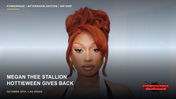 A portrait of Megan Thee Stallion with an auburn updo, hoop earrings and a black-and-white outfit.