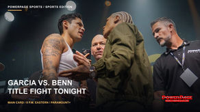 Ryan Garcia and Conor Benn face off onstage with event personnel nearby.