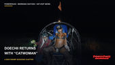 Doechii seated outdoors at night in a cap and patterned top, with the CATWOMAN headline.