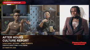 Lucky Daye at left and AZ Chike in the middle sit on The Shop’s set; Jamal Roberts appears at right above Baltimore’s illuminated waterfront.