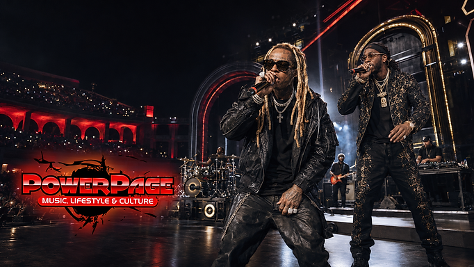 Lil Wayne and 2 Chainz performing inside a nighttime amphitheater during a hip-hop legacy tour.