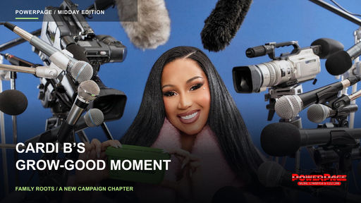 Cardi B smiles in a pink robe while holding a green Grow-Good container against a blue backdrop, surrounded by cameras and microphones.