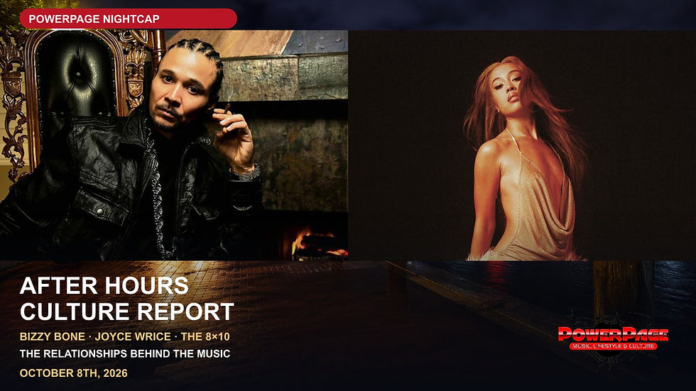 Bizzy Bone sits beside a fireplace at left, while Joyce Wrice wears a gold top at right, above Baltimore’s nighttime waterfront.