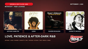Grown and Sexy Slow Jams September 1 cover featuring Anthony Hamilton, Ledisi, Raheem DeVaughn and Chrisette Michele album artwork in a midnight R&B lounge.