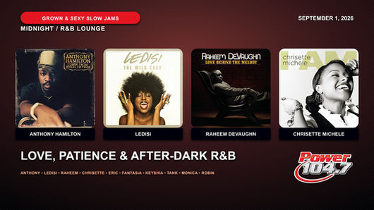 Grown and Sexy Slow Jams September 1 cover featuring Anthony Hamilton, Ledisi, Raheem DeVaughn and Chrisette Michele album artwork in a midnight R&B lounge.