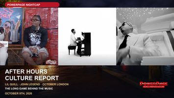 A three-panel composition shows Lil Quill in an interview, John Legend at a piano and October London wearing sunglasses, above Baltimore at night.