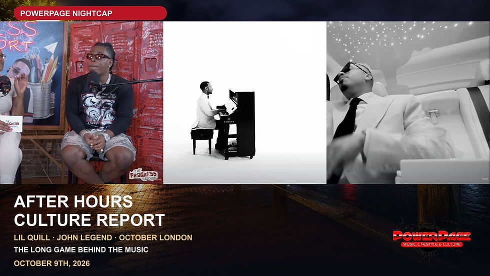 A three-panel composition shows Lil Quill in an interview, John Legend at a piano and October London wearing sunglasses, above Baltimore at night.