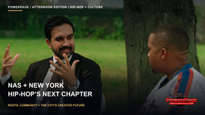 Zohran Mamdani, left, speaks with Nas, right, outdoors, with the PowerPage headline below.
