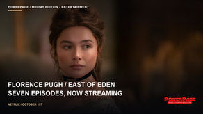 Florence Pugh wears a period dress and black choker in a softly lit interior.