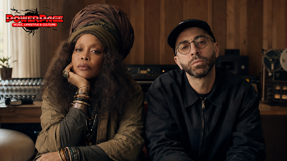 AI-generated editorial portrait of Erykah Badu and The Alchemist in a music-production room with the PowerPage overlay.