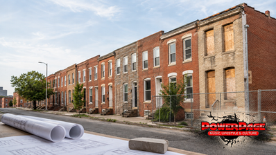 Illustration: Baltimore rowhouses and redevelopment plans representing the Baltimore Vacants Reinvestment Council meeting.