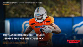 A Morgan State ball carrier in an orange jersey and white helmet runs against Robert Morris at Hughes Stadium.