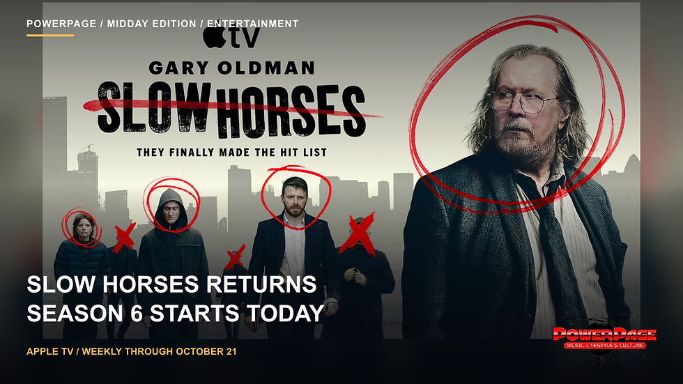 Slow Horses season-six artwork shows Gary Oldman at right and other cast members against a London skyline, with red circles and crossed-out figures.