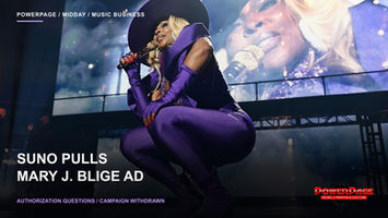 Mary J. Blige performs in purple beside the headline “Suno Pulls Mary J. Blige Ad.”