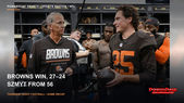 Andre Szmyt holds a football beside Browns coach Todd Monken in the locker room, with a PowerPage Sports 27–24 game-recap headline.