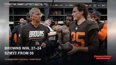 Andre Szmyt holds a football beside Browns coach Todd Monken in the locker room, with a PowerPage Sports 27–24 game-recap headline.