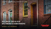 Baltimore brick rowhomes feature green and red doors, front steps and black iron railings.