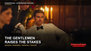 Theo James sits fully visible at an elegant candlelit table in official Netflix artwork for The Gentlemen