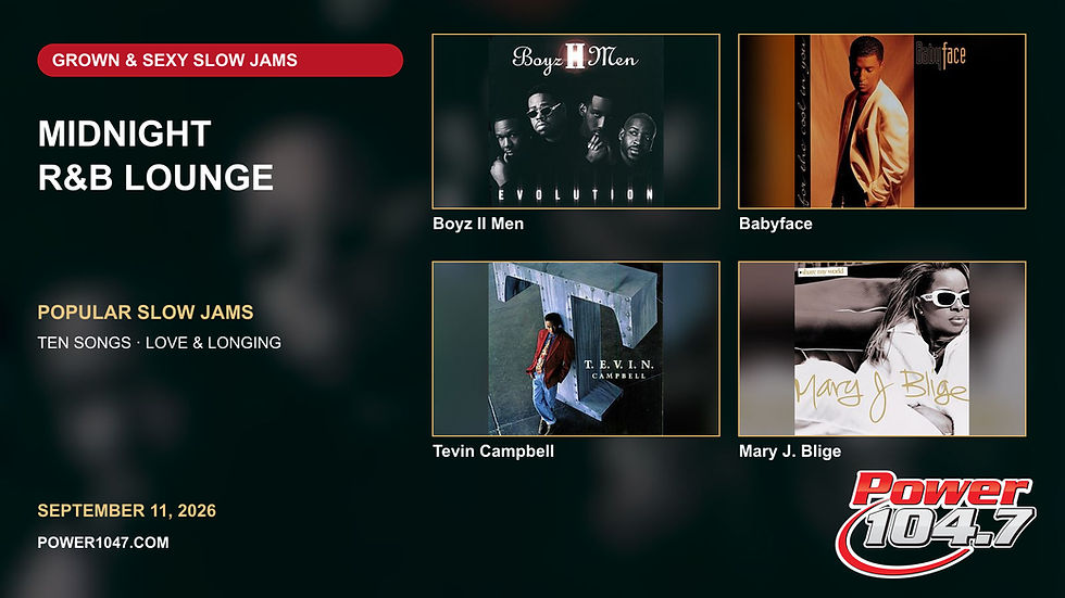 Four album-art panels show Boyz II Men, Babyface, Tevin Campbell and Mary J. Blige alongside the Midnight R&B Lounge title.
