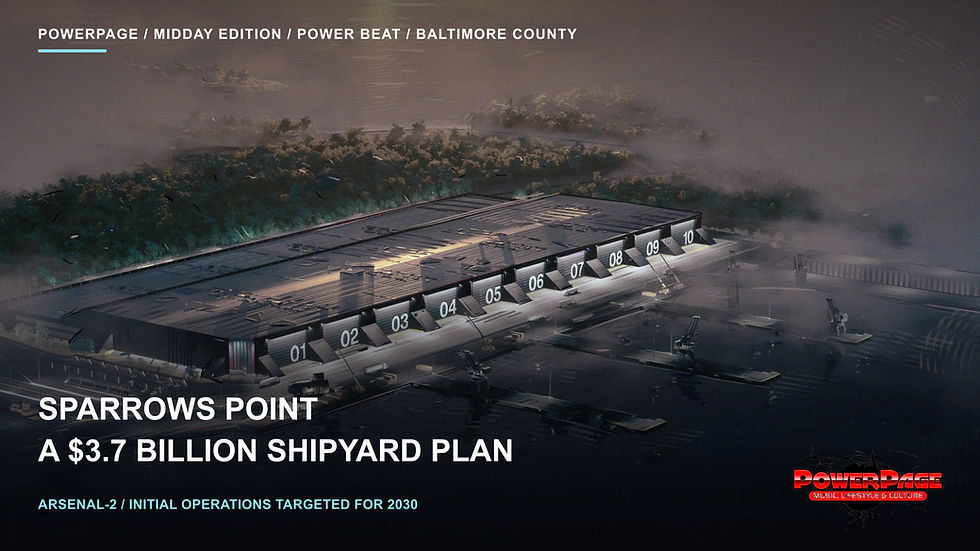 Architectural rendering of a waterfront industrial facility with numbered shipyard bays.