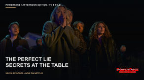 A blonde woman holds her hands near her mouth while several adults look on in alarm outdoors at night in The Perfect Lie.