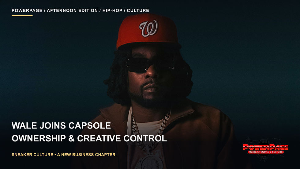 Wale wears a red Washington baseball cap, dark sunglasses, necklaces, and a brown jacket against a dark teal background.