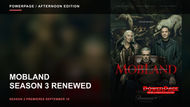 MobLand promotional artwork with Helen Mirren, Pierce Brosnan and Tom Hardy beneath mounted animals against a dark-green background