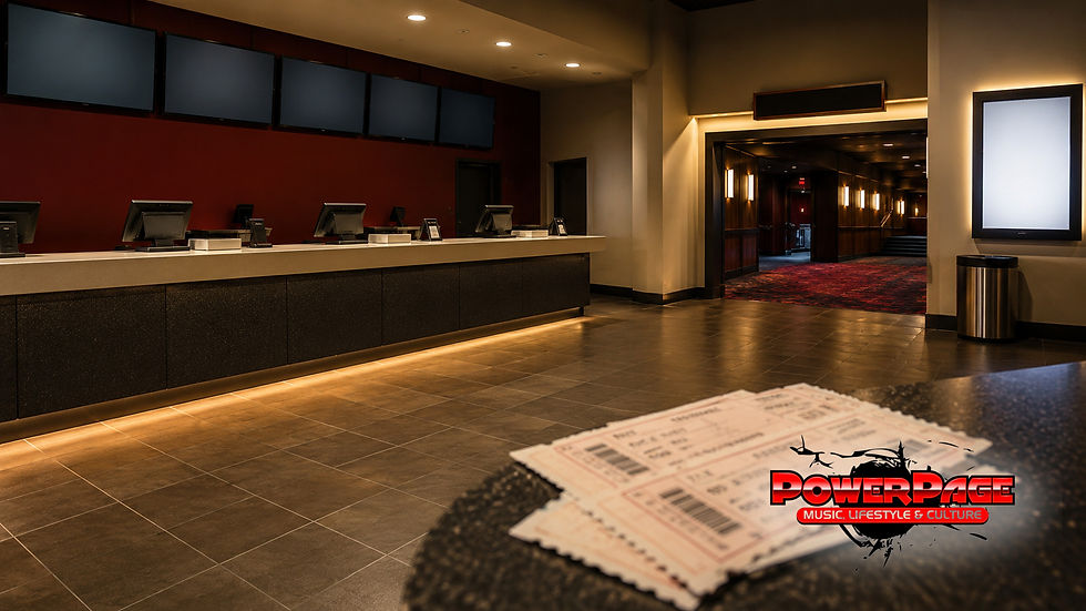 An empty cinema lobby with generic blank posters and the official PowerPage logo.