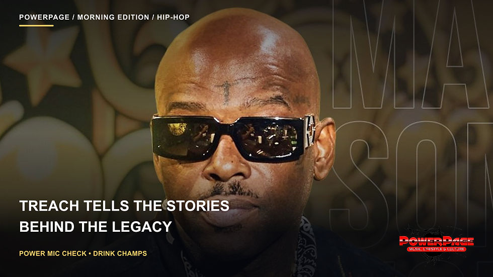 Treach in dark sunglasses, a patterned jacket and a black-and-white neck scarf.