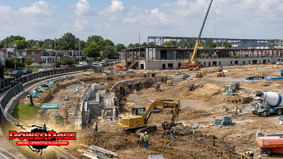Construction crews and equipment working at the Pimlico Race Course site in Baltimore’s Park Heights community.