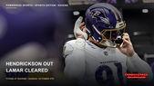 Trey Hendrickson in a white Ravens jersey adjusts his purple helmet, with a PowerPage Sports injury-update headline.