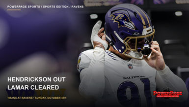 Trey Hendrickson in a white Ravens jersey adjusts his purple helmet, with a PowerPage Sports injury-update headline.