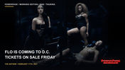The three members of FLO pose in a dark blue room, with two standing and one reclining in front.