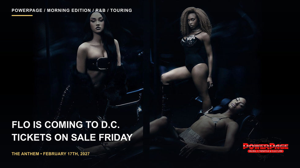 The three members of FLO pose in a dark blue room, with two standing and one reclining in front.
