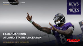 Lamar Jackson reaches toward a football at a stadium, with a PowerPage headline about his uncertain status for Atlanta.