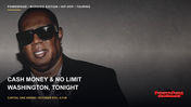 Master P wears dark sunglasses, necklaces and a black jacket against a gray wall.