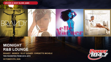 Four album-art panels featuring Brandy, Monica, Elle Varner and Chrisette Michele sit above a nighttime Baltimore waterfront with Grown & Sexy Slow Jams typography.
