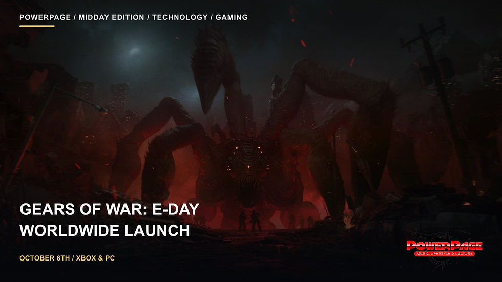 Official Gears of War: E-Day artwork shows two small armed figures confronting a huge creature against red-lit city ruins.