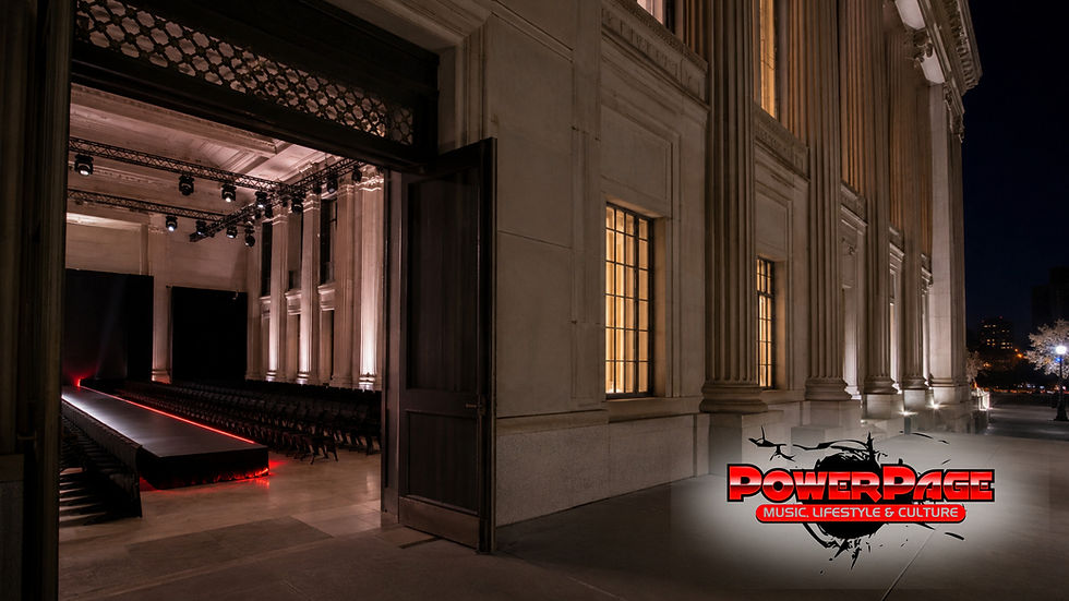 Empty runway infrastructure inside a Baltimore civic building with the official PowerPage logo
