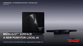 An open black Surface laptop and a compact black desktop device sit side by side on a light surface.
