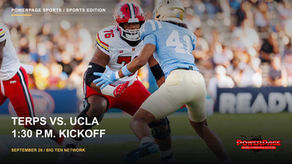 Maryland lineman Rahtrel Perry, number 76, faces a UCLA defender in a light-blue jersey during their 2025 game.
