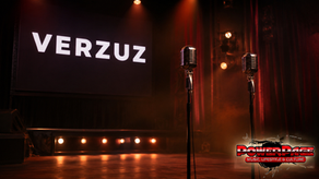 Two empty microphones on an amber-lit VERZUZ stage in a PowerPage editorial image.