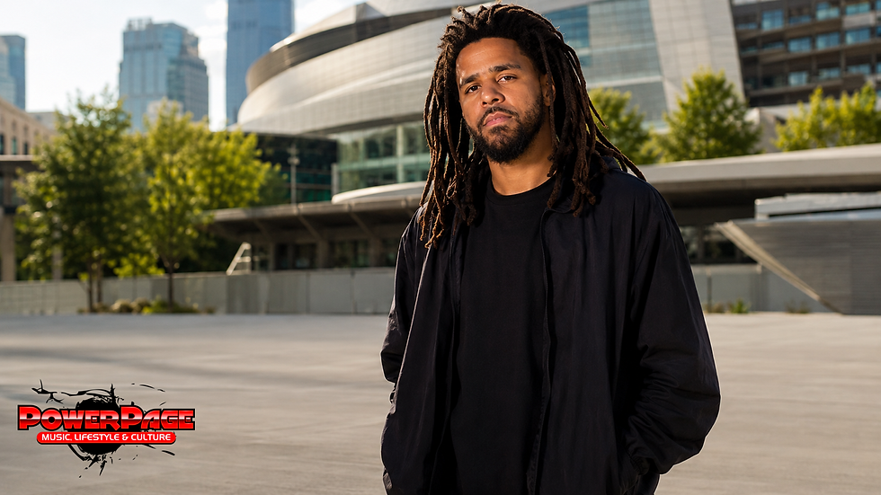 AI-generated editorial portrait of J. Cole near modern arena architecture with the PowerPage overlay.